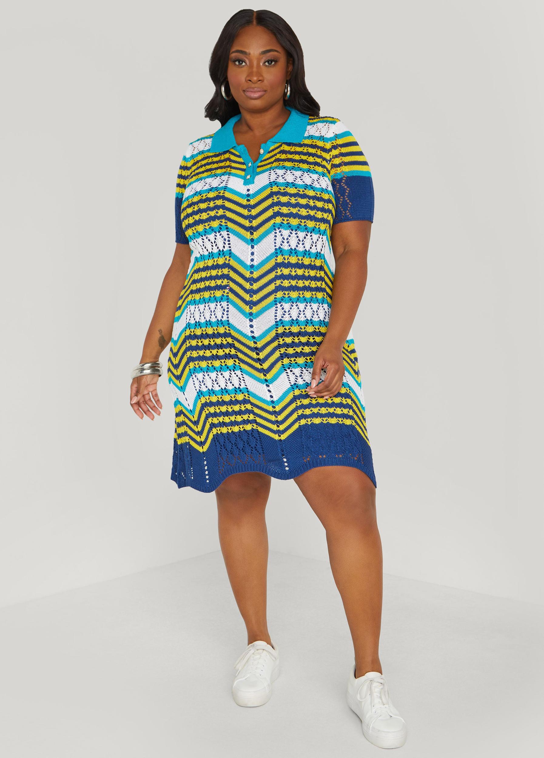 Plus Size Striped Pointelle Knit Polo Dress Ashley Stewart Product Image
