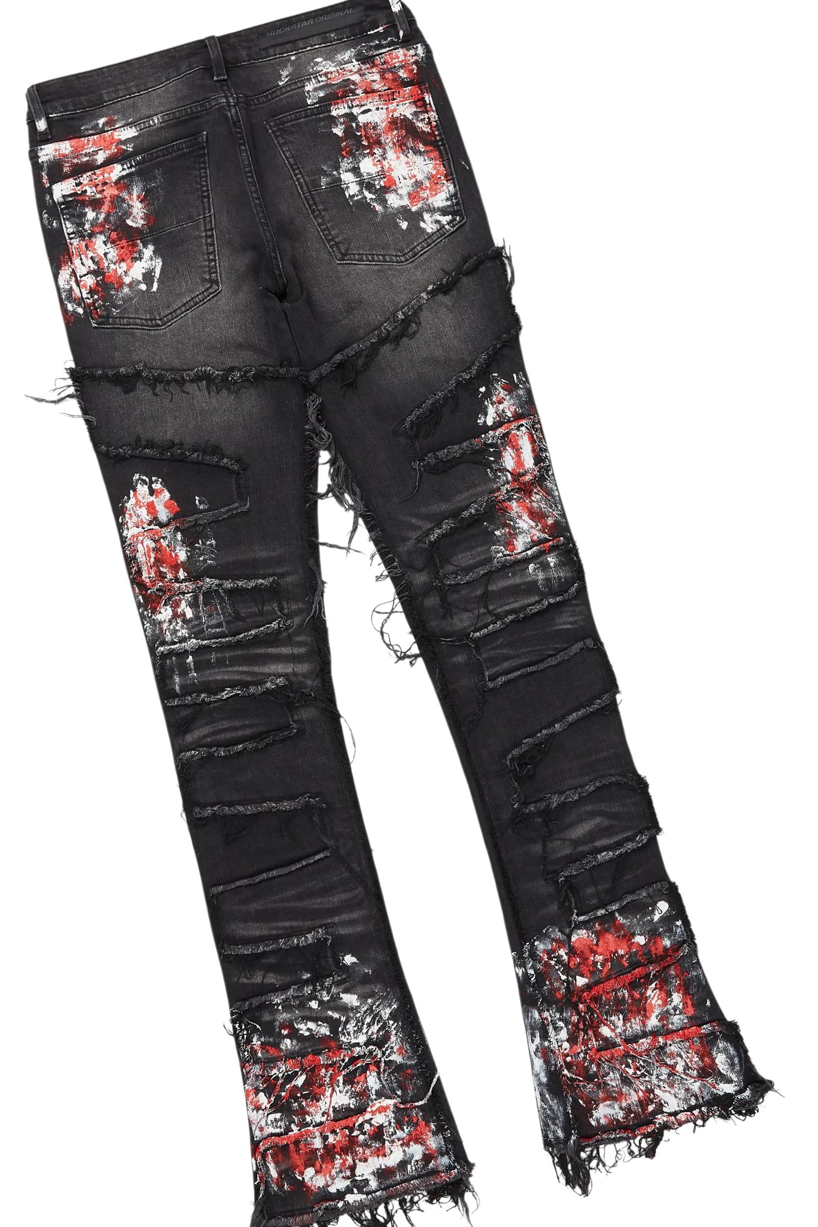 Saxon Dark Grey/Red T-Shirt/Stacked Flare Jean Set Male Product Image