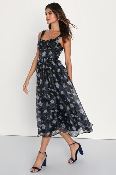 Delightful Look Black Floral Print Bustier Midi Skater Dress Product Image