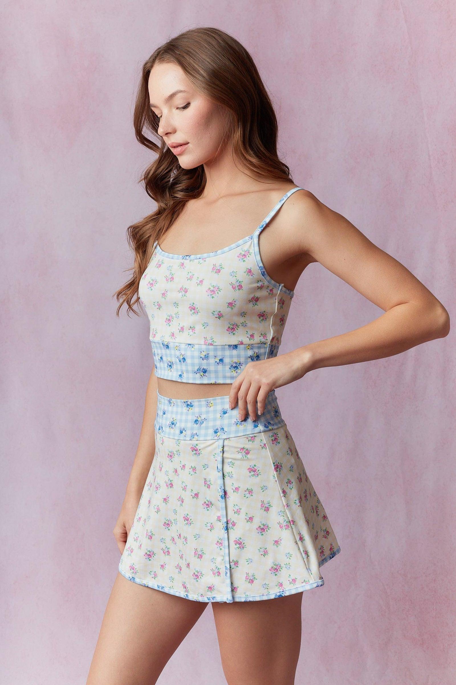 Gingham Floral Print Patchwork Sporty Mini Skort Product Image