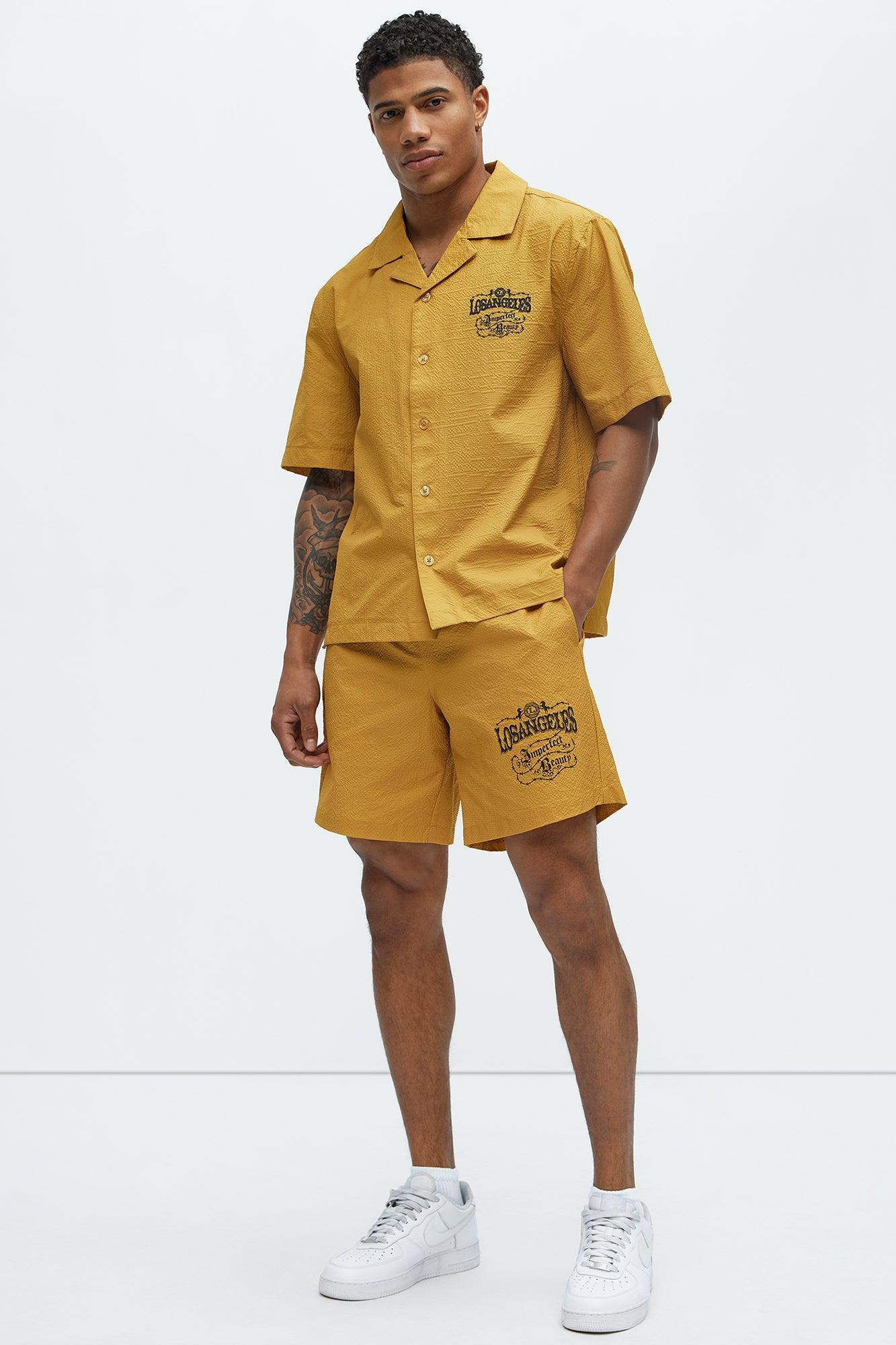 Waffle Crinkled Shorts - Yellow Product Image