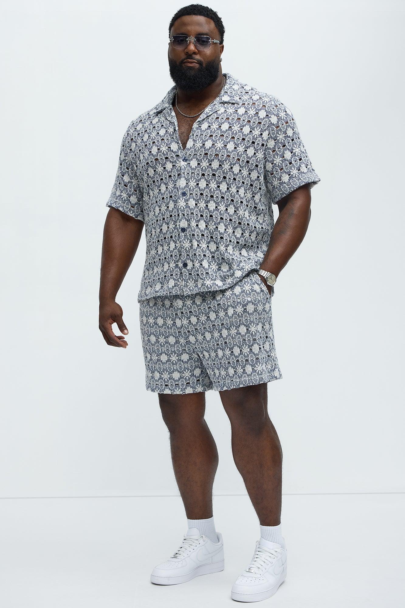 Patterned Open Knit Shorts - Blue/combo Product Image