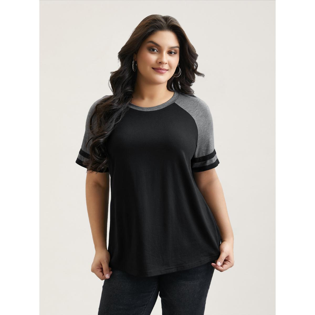Plus Size Color Block Stretchy Raglan Sleeve T-Shirt Black Women Leisure Contrast Round Neck Casual T-shirts BloomChic 12/L Product Image