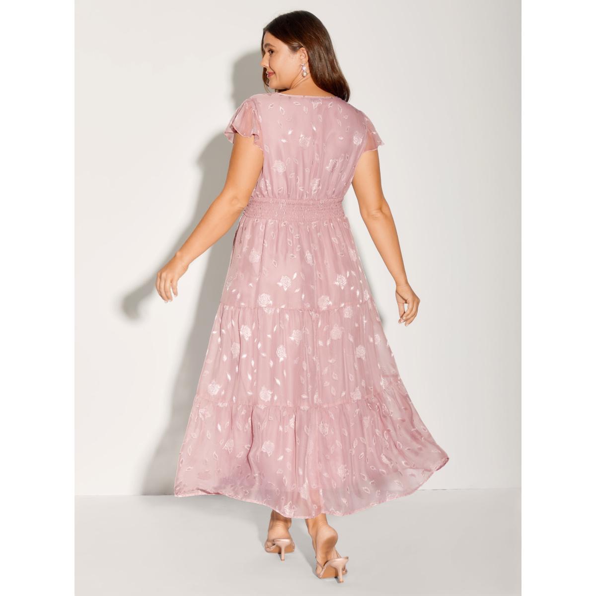 Plus Size Sweet Petals Pleated Waist Tiered Midi Dress Beanpastepowder Women V-neck Cap Sleeve Curvy BloomChic 22-24/3X Product Image