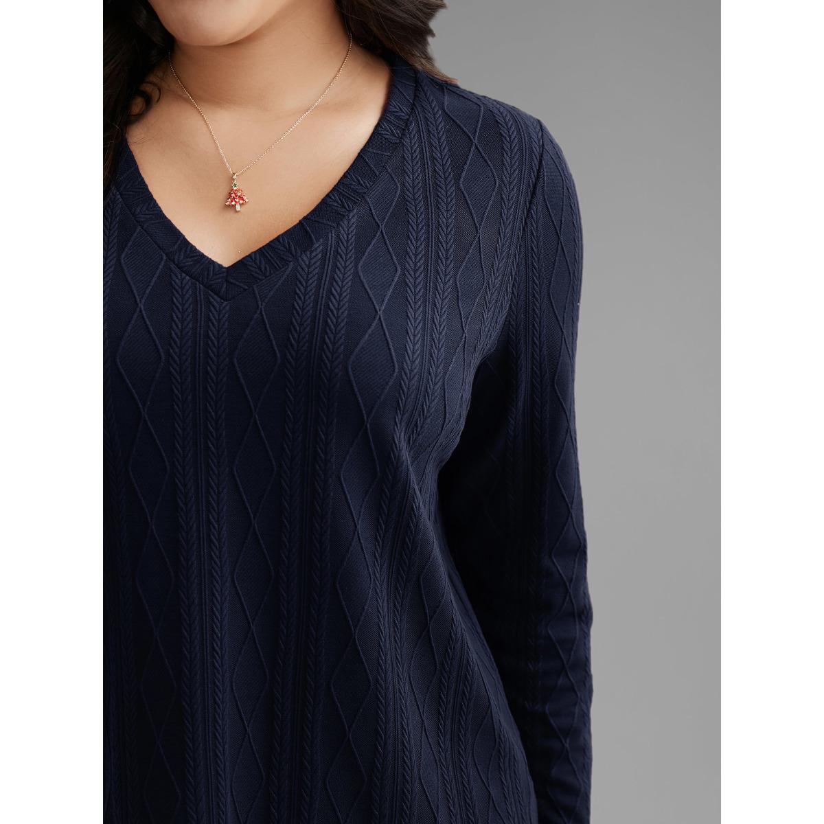 Plus Size V-neck Cable Knit Slim-Fit Tee Indigo Women Casual Texture V-neck Everyday T-shirts BloomChic 18-20/2X Product Image