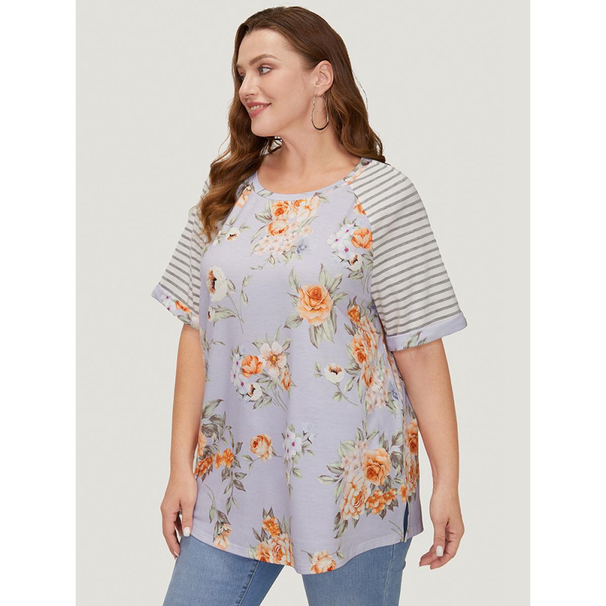 Plus Size Floral & Striped Print Patchwork Roll Raglan Sleeve T-shirt Lavender Women Elegant Patchwork Striped Round Neck Dailywear T-shirts BloomChic 18-20/2X Product Image