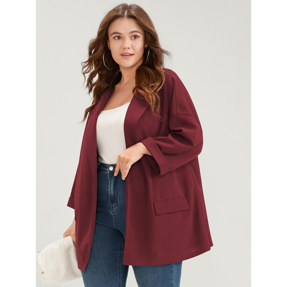 Plus Size Plain Drop Shoulder Cuffed Sleeve Pocket Blazer Burgundy Women Work Plain Pocket Sleeve Long Sleeve Lapel Collar 26/4X Pocket Office Blazers BloomChic Product Image