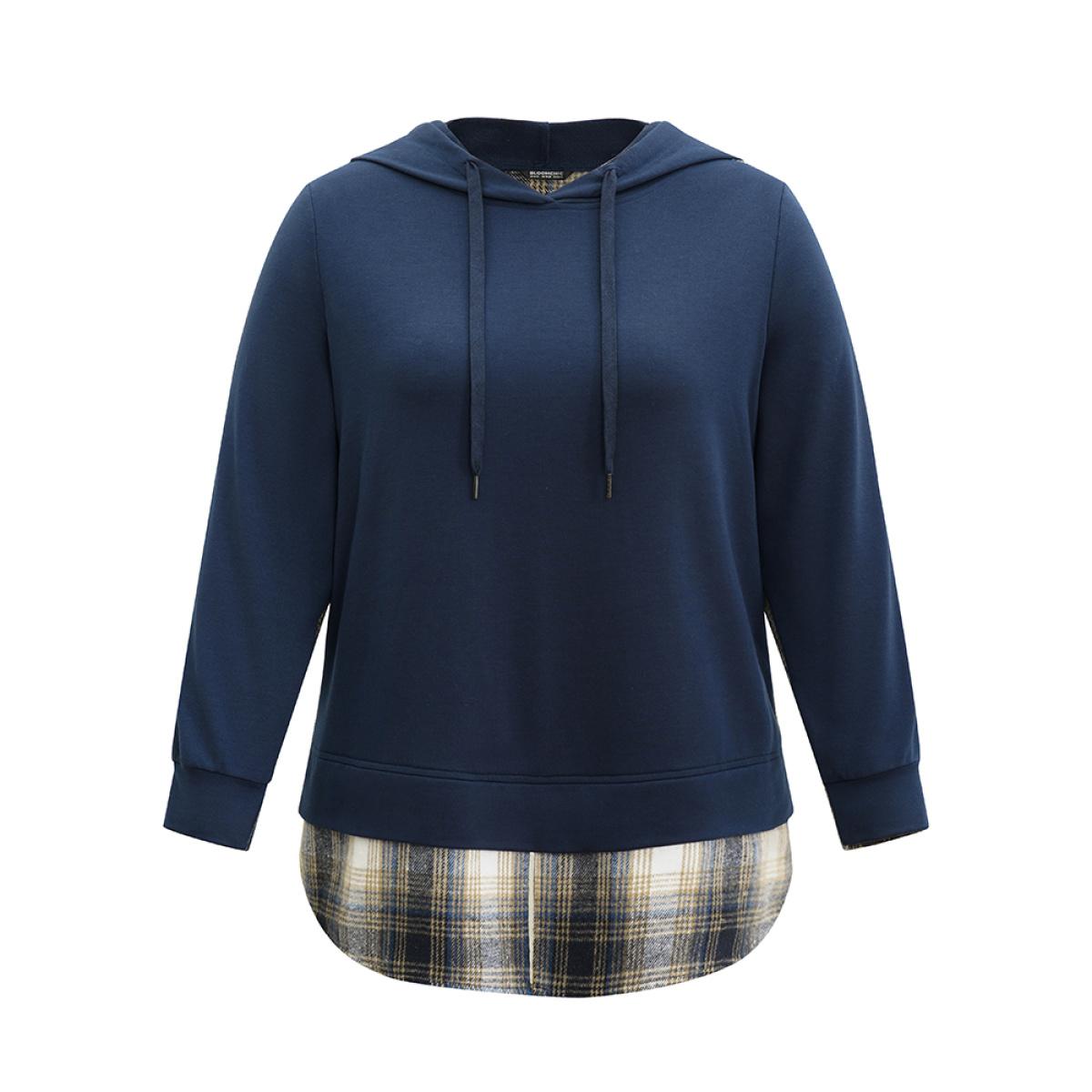 Plus Size Contrast Plaid Hooded Curved Hem Sweatshirt Women Blue Casual Contrast Hooded Dailywear Sweatshirts BloomChic 14-16/1X Product Image