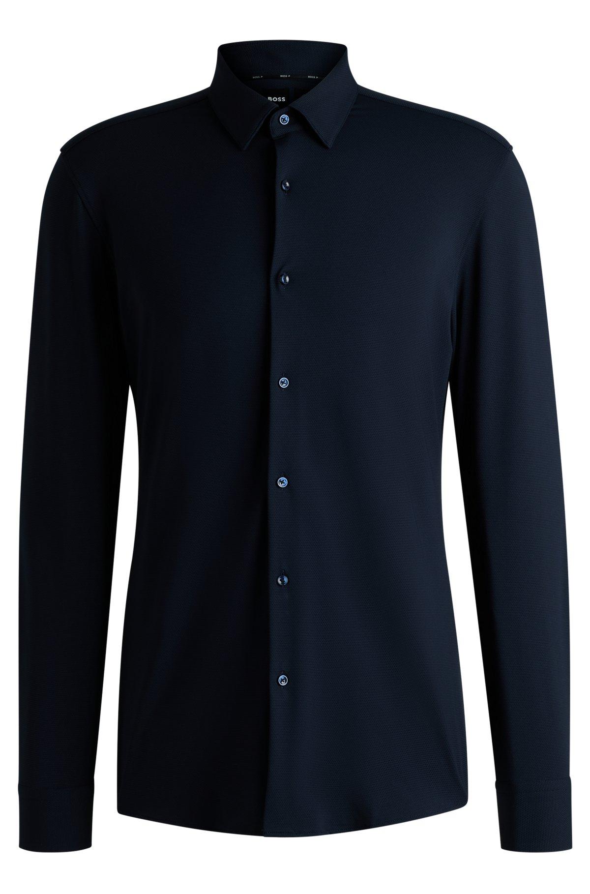 BOSS - Slim-fit shirt in structured performance-stretch jersey - Dark Blue Product Image