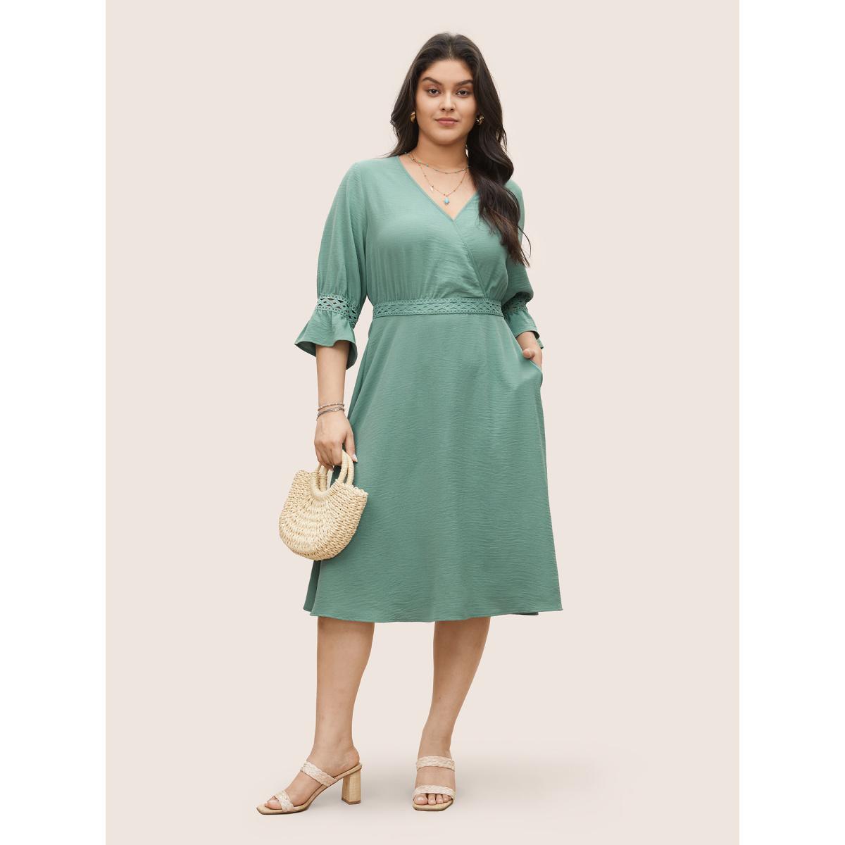 Plus Size Solid Eyelet Lace Surplice Neck Ruffle Sleeve Dress Moss Women Resort Non Overlap Collar Elbow-length sleeve Curvy Midi Dress BloomChic 10/M Product Image