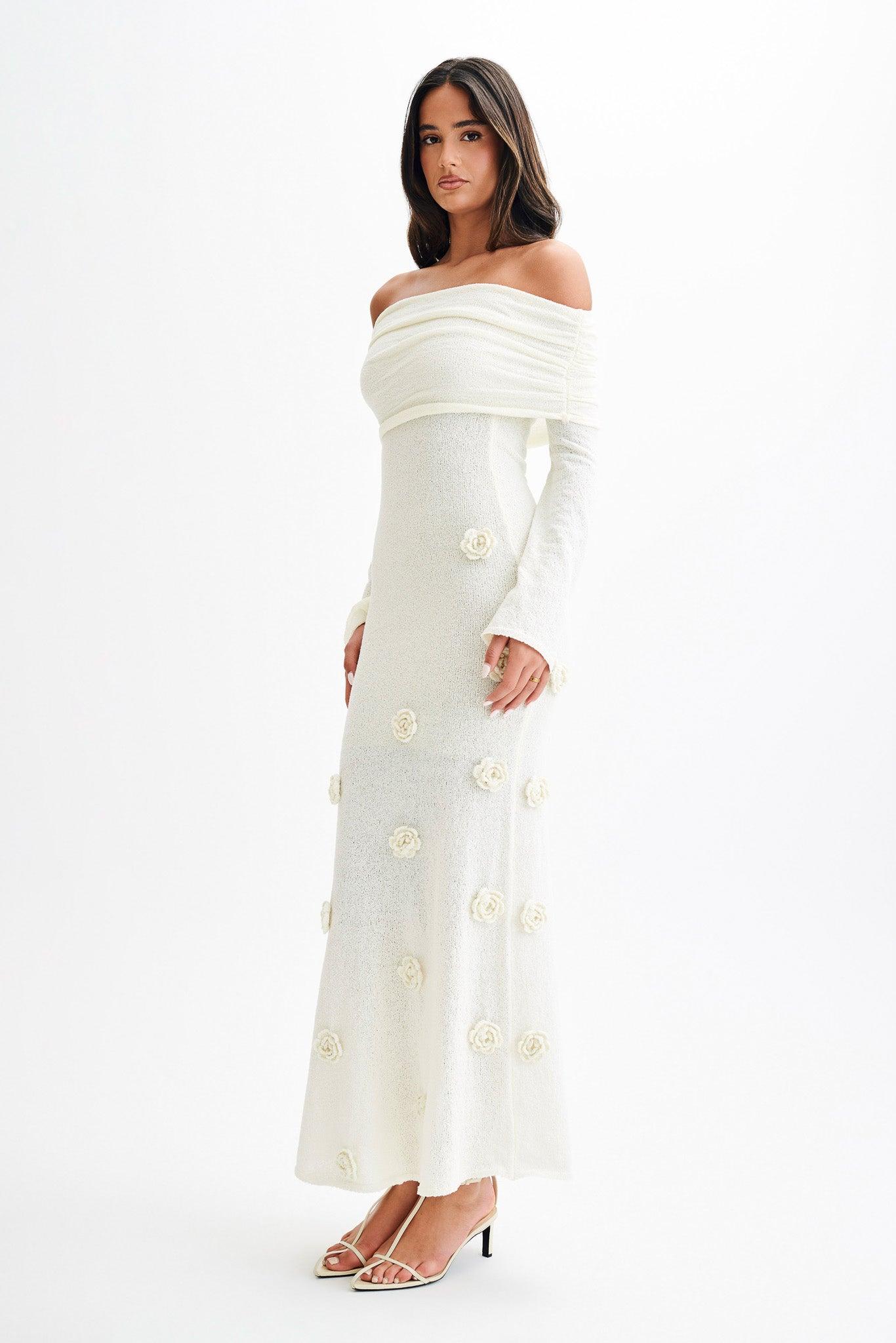 Kiki Off Shoulder Knit Rose Maxi Dress - Ivory Product Image