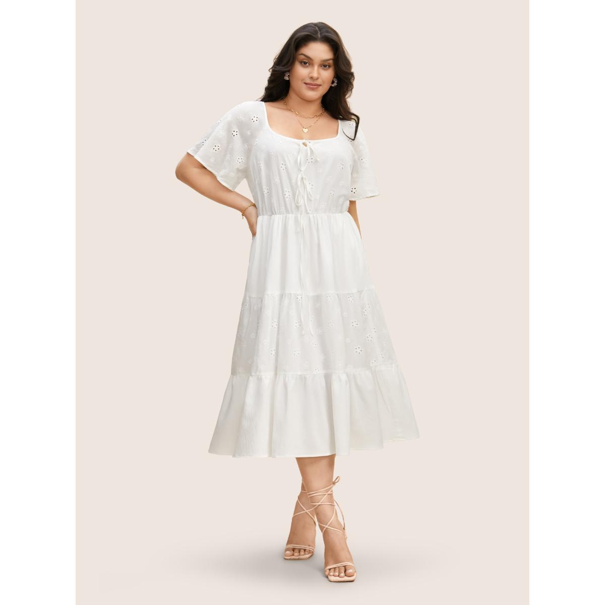 Plus Size Broderie Anglaise Ties Ruffle Layered Hem Dress Originalwhite Women Elegant Tie knot V-neck Short sleeve Curvy BloomChic 12/L Product Image