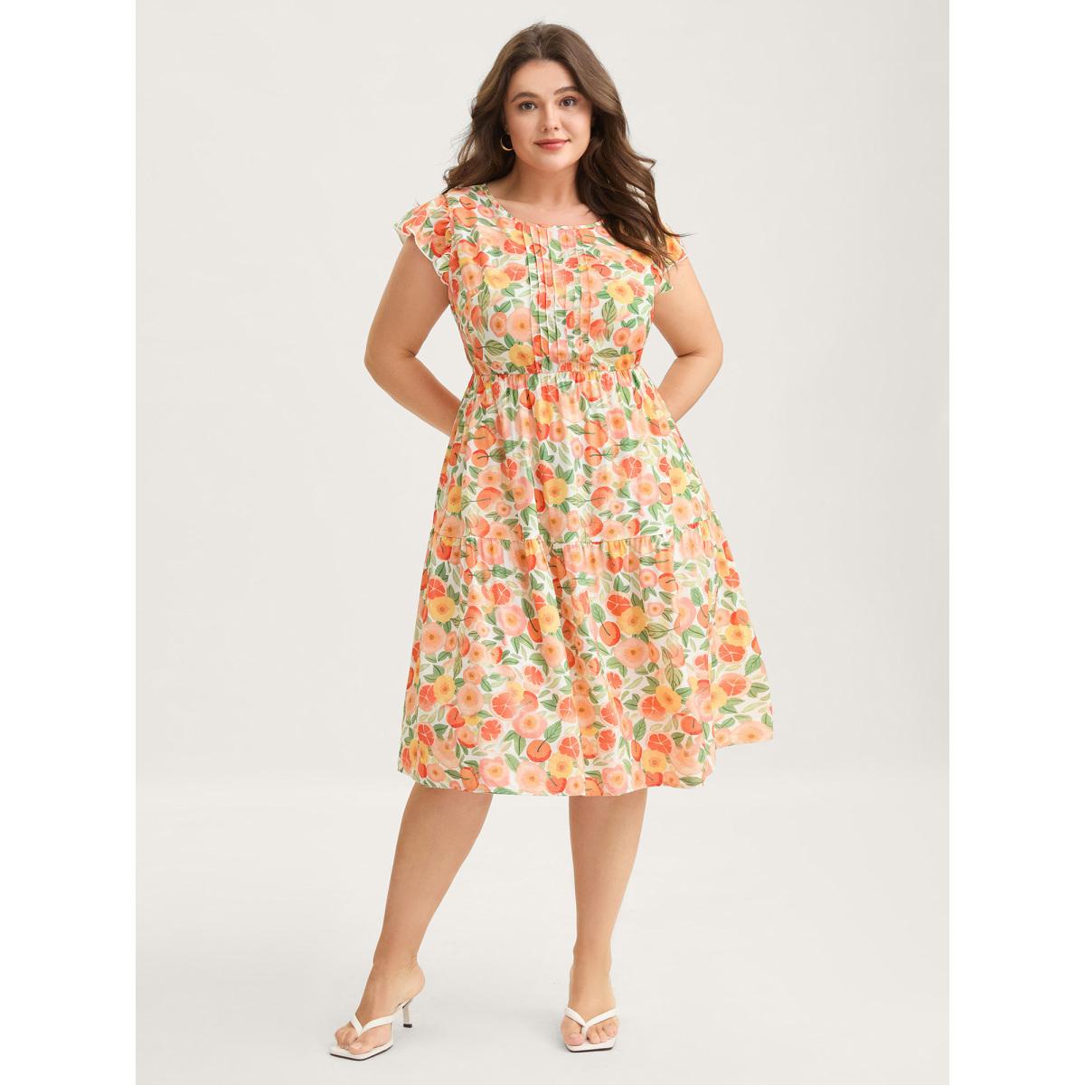 Plus Size Citrus Print Pleated Flutter Sleeve Midi Dress Multicolor Women Round Neck Cap Sleeve Curvy BloomChic 18-20/2X Product Image