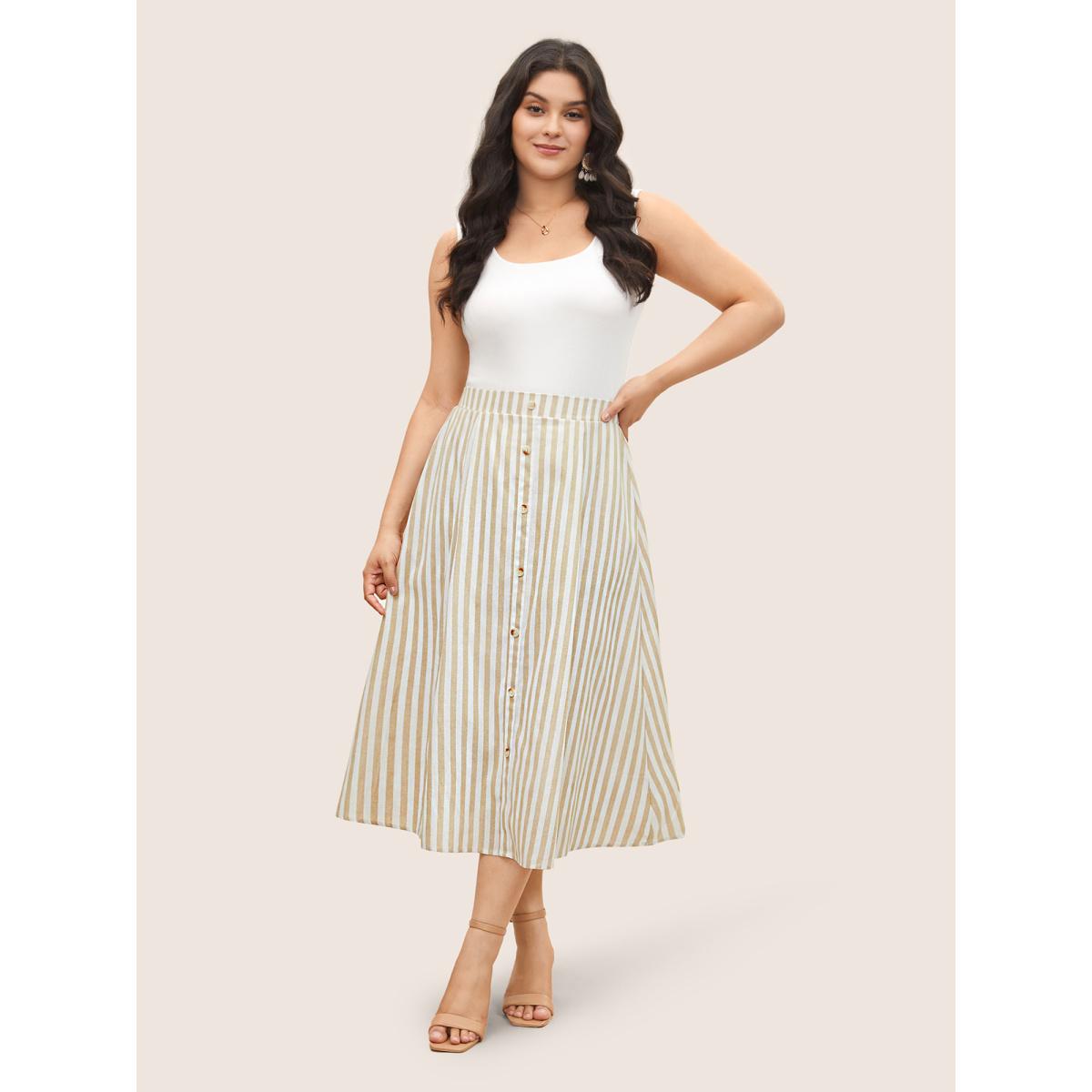 Plus Size Stripes Elastic Waist Button Detail Pocket Skirt Women Apricot Work From Home Button No stretch Slanted pocket Work Skirts BloomChic 30/6X Product Image