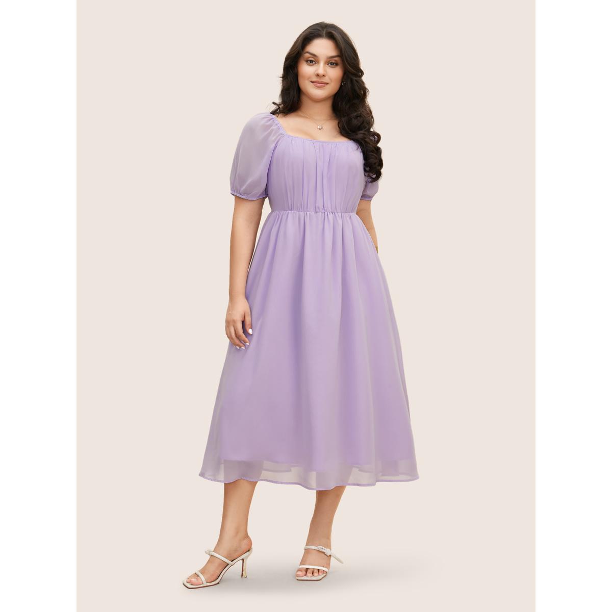 Plus Size Chiffon Square Neck Lantern Sleeve Dress Lavender Women Elegant Gathered Square Neck Short sleeve Curvy BloomChic 22-24/3X Product Image