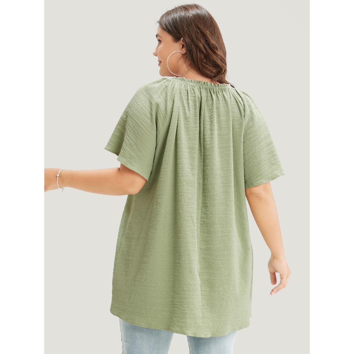 Plus Size Green Plain Notched High Low Hem Ruffle Sleeve Frill Trim Blouse Women Elegant Short sleeve V-neck Dailywear Blouses BloomChic 14-16/1X Product Image