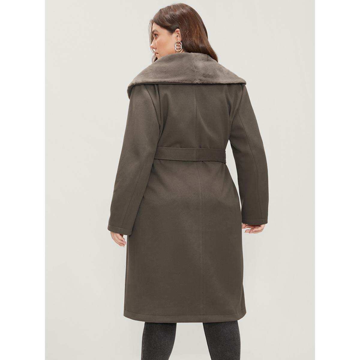Plus Size Solid Double Breasted Pocket Lapel Collar Fuzzy Trim Belted Coat Women ArmyGreen Elegant Patchwork Ladies Dailywear Winter Coats BloomChic 18-20/2X Product Image
