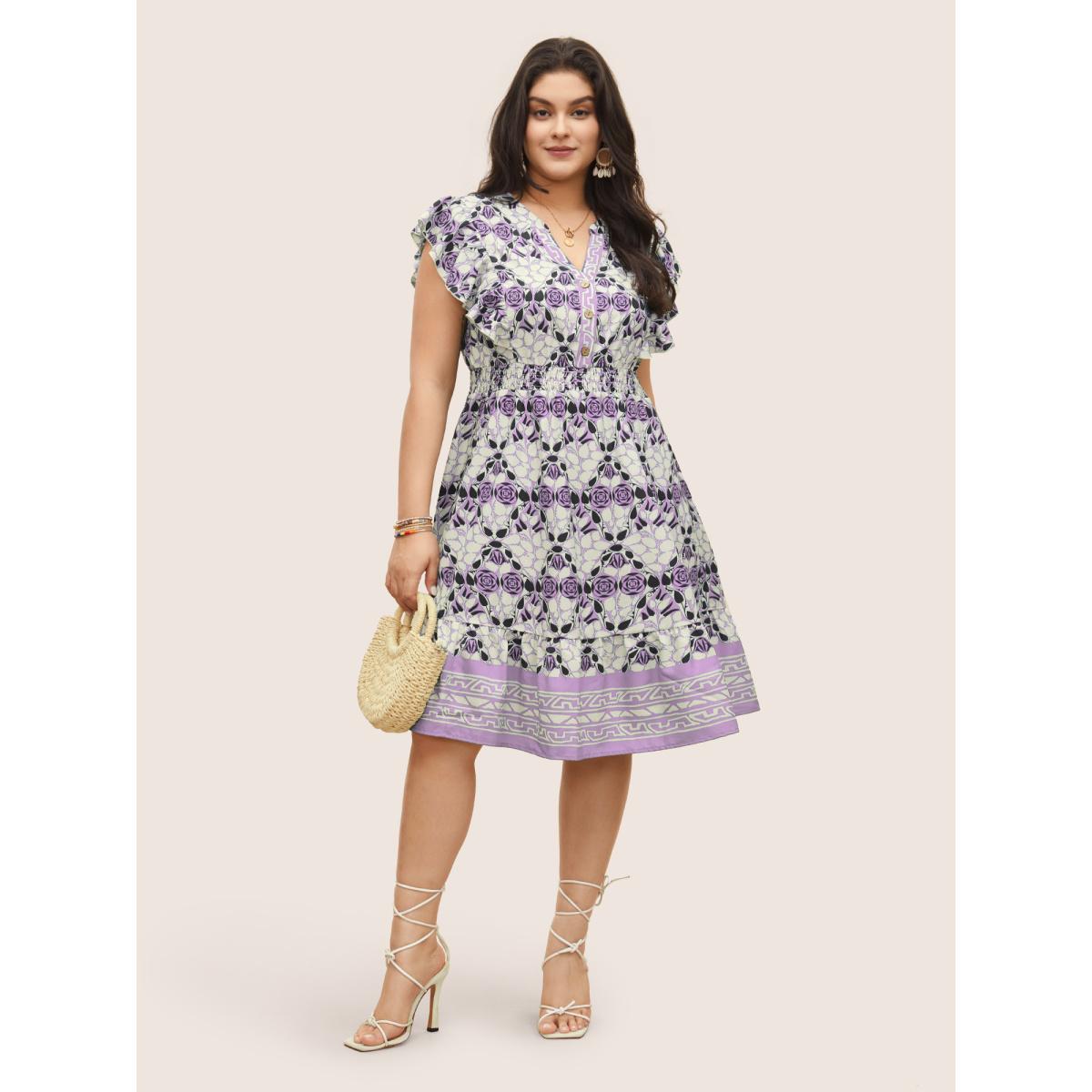 Plus Size Boho Print Ruffles Shirred Pocket Elastic Waist Dress Lilac Women Resort Non Notched collar Cap Sleeve Curvy Midi Dress BloomChic 14-16/1X Product Image
