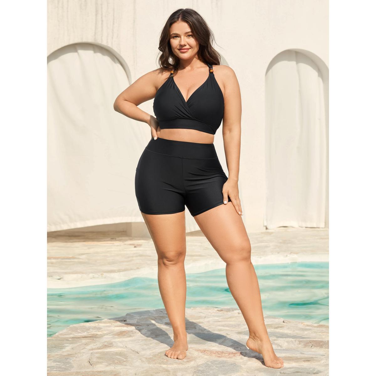 Plus Size Sculpting Pockets Solid Swim Bottoms Women's Swimwear Black Beach Patchwork High stretch Skinny High Rise Side seam pocket Curve Swim Bottoms BloomChic 22-24/3X Product Image