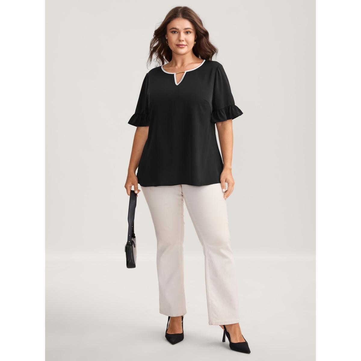 Plus Size Black Metallic Detail Neck Cut-Out Blouse Women Short sleeve Boat Neck Work Blouses BloomChic 12/L Product Image