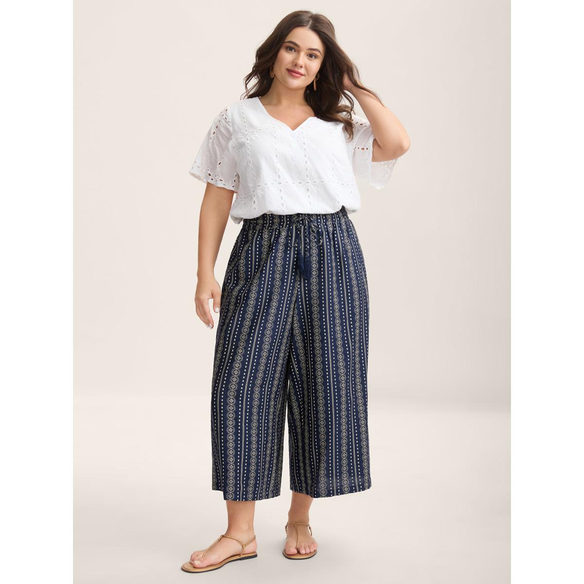 Plus Size Boho Stripe Tassel Wide-Leg Pants Women Indigo Boho Straight Leg Mid Rise Vacation Pants BloomChic 22-24/3X Product Image
