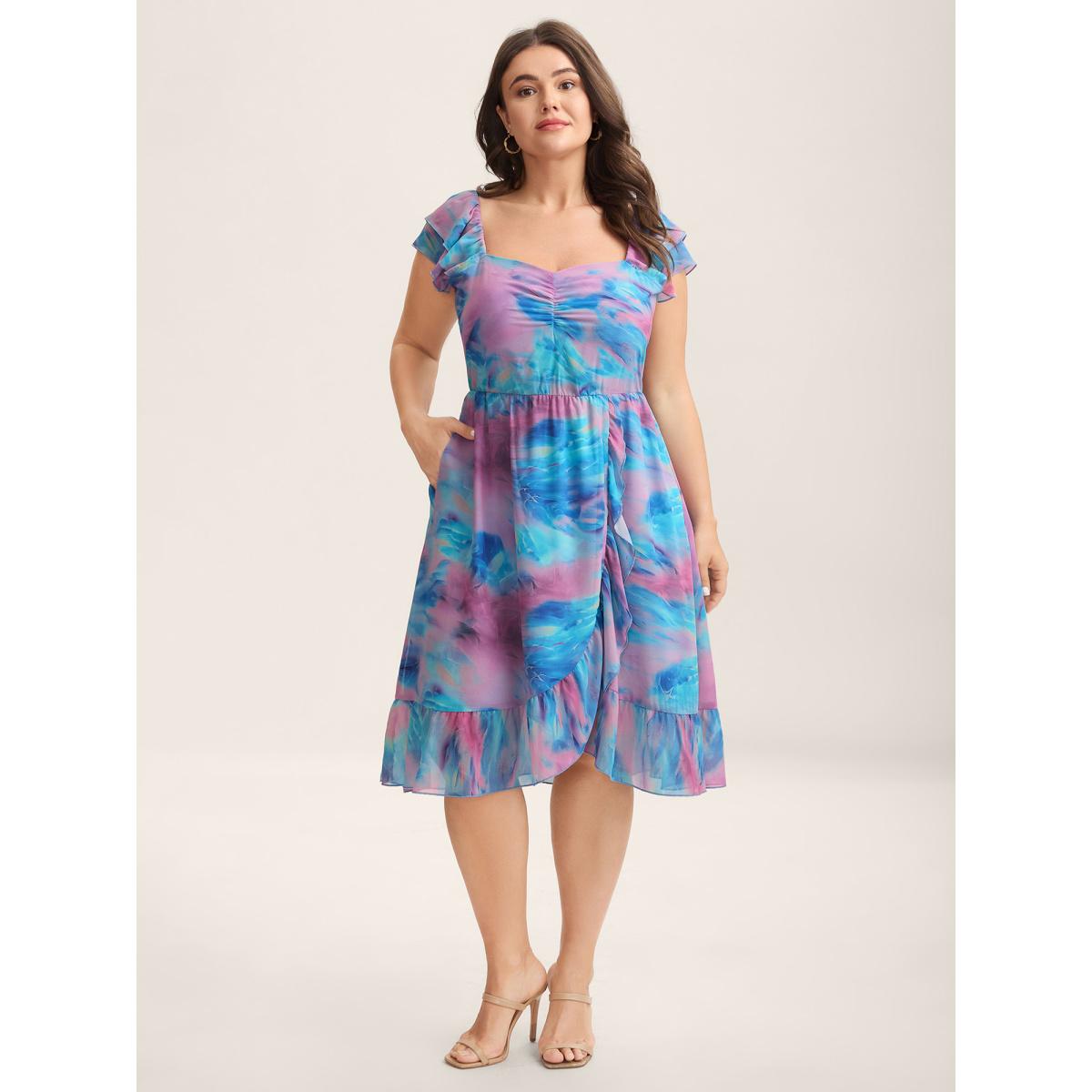 Plus Size Color Blend Stretchy Waist Pockets Midi Dress Skyblue Women Heart neckline Sleeveless Curvy BloomChic 22-24/3X Product Image