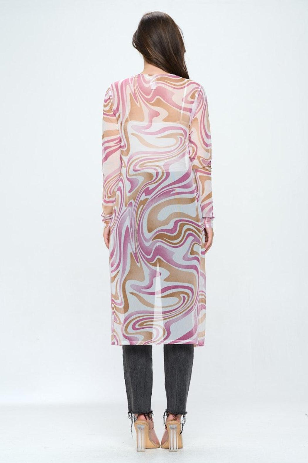 Long Sleeve Longline Duster In Swirl Printed Mesh Product Image