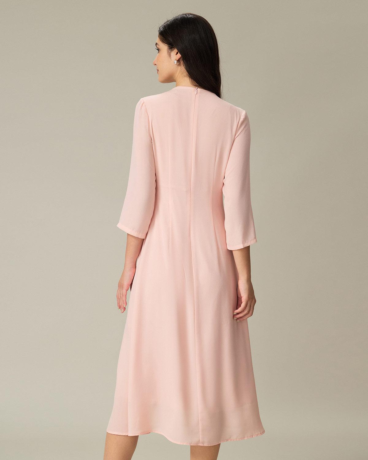 Pink V-Neck Pleated Midi Dress Product Image