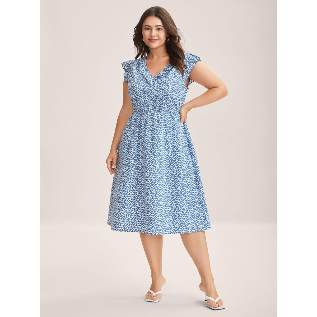 Plus Size Floral Print Ruffled Neck Midi Dress LightBlue Women V-neck Cap Sleeve Curvy BloomChic 10/M Product Image