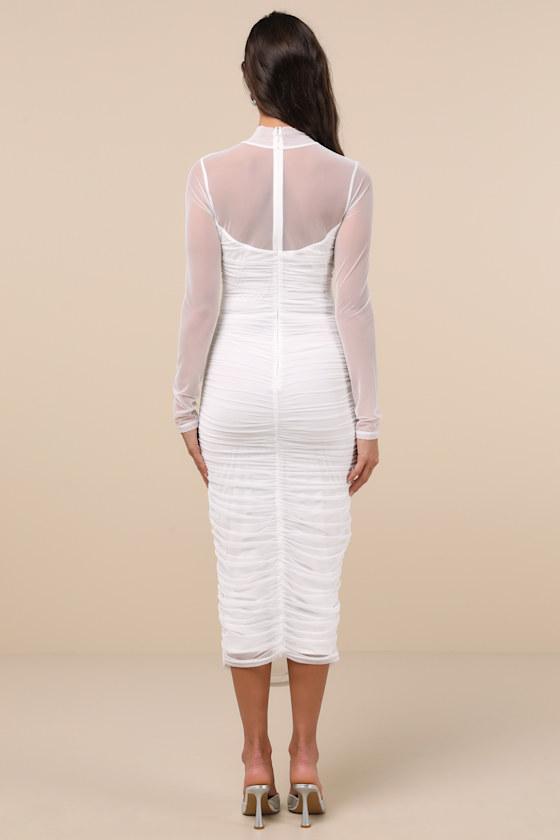 Impressive Flirt White Mesh Ruched Mock Neck Midi Dress Product Image
