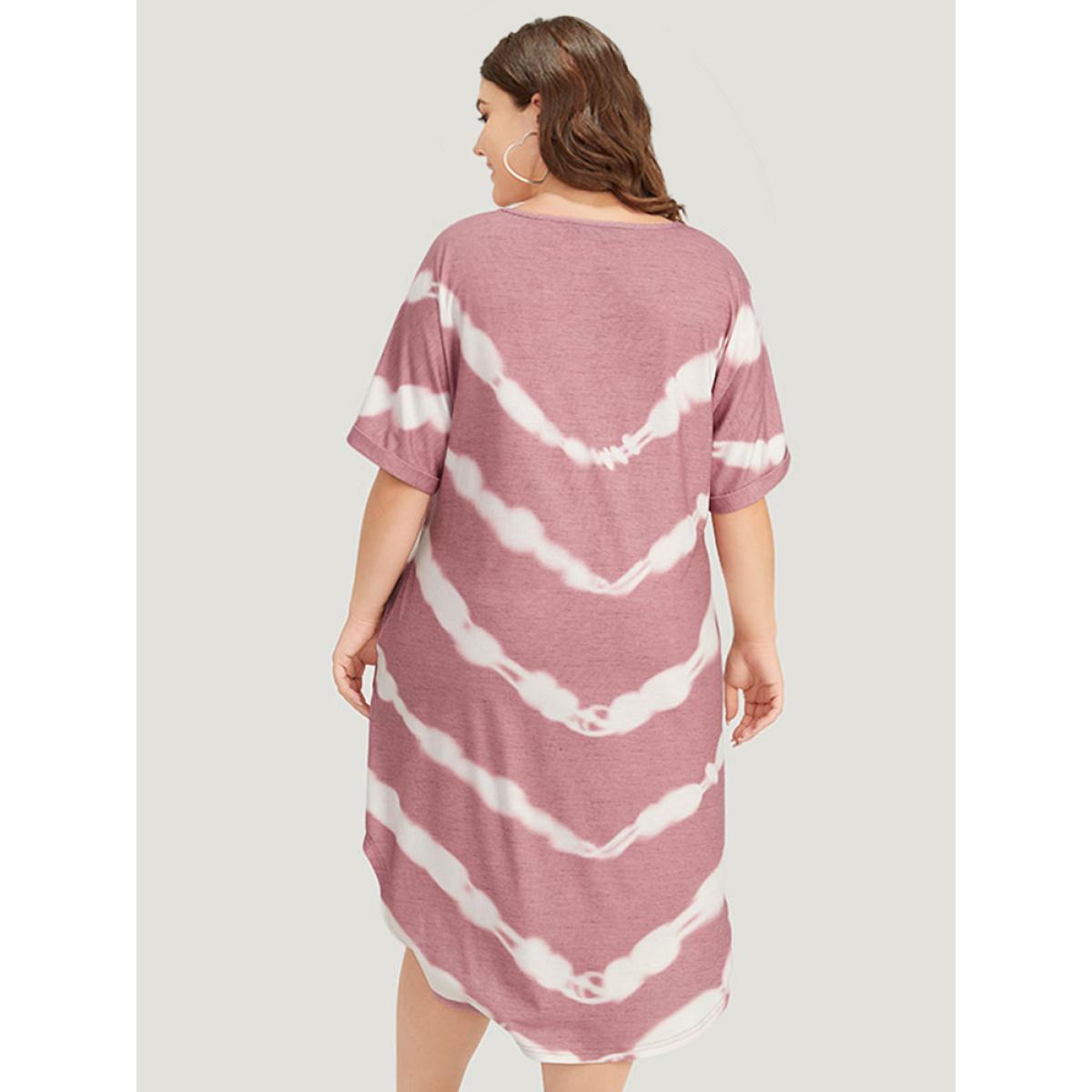 Plus Size Tie Dye Striped Two Tone V Neck Pocket Dress DustyPink Women Casual Tie Dye V-neck Short sleeve Curvy Midi Dress BloomChic 12/L Product Image