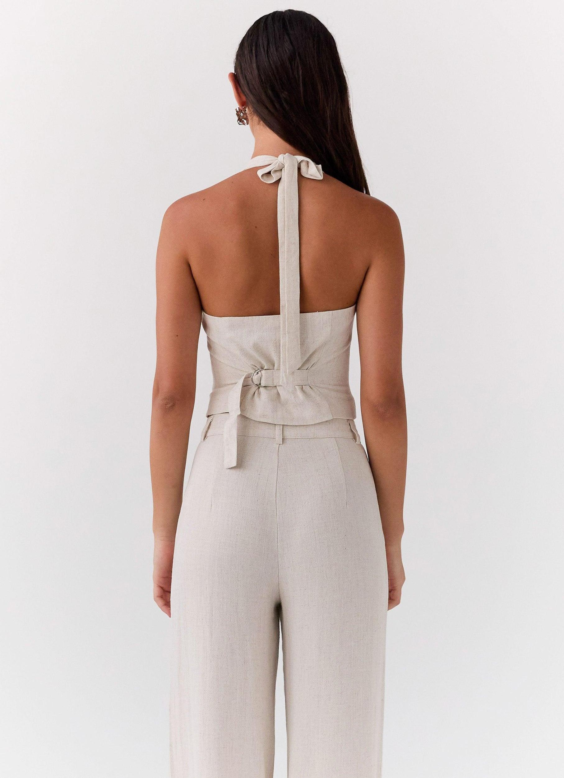 Ambrosa Halterneck Linen Vest - Oatmeal Product Image