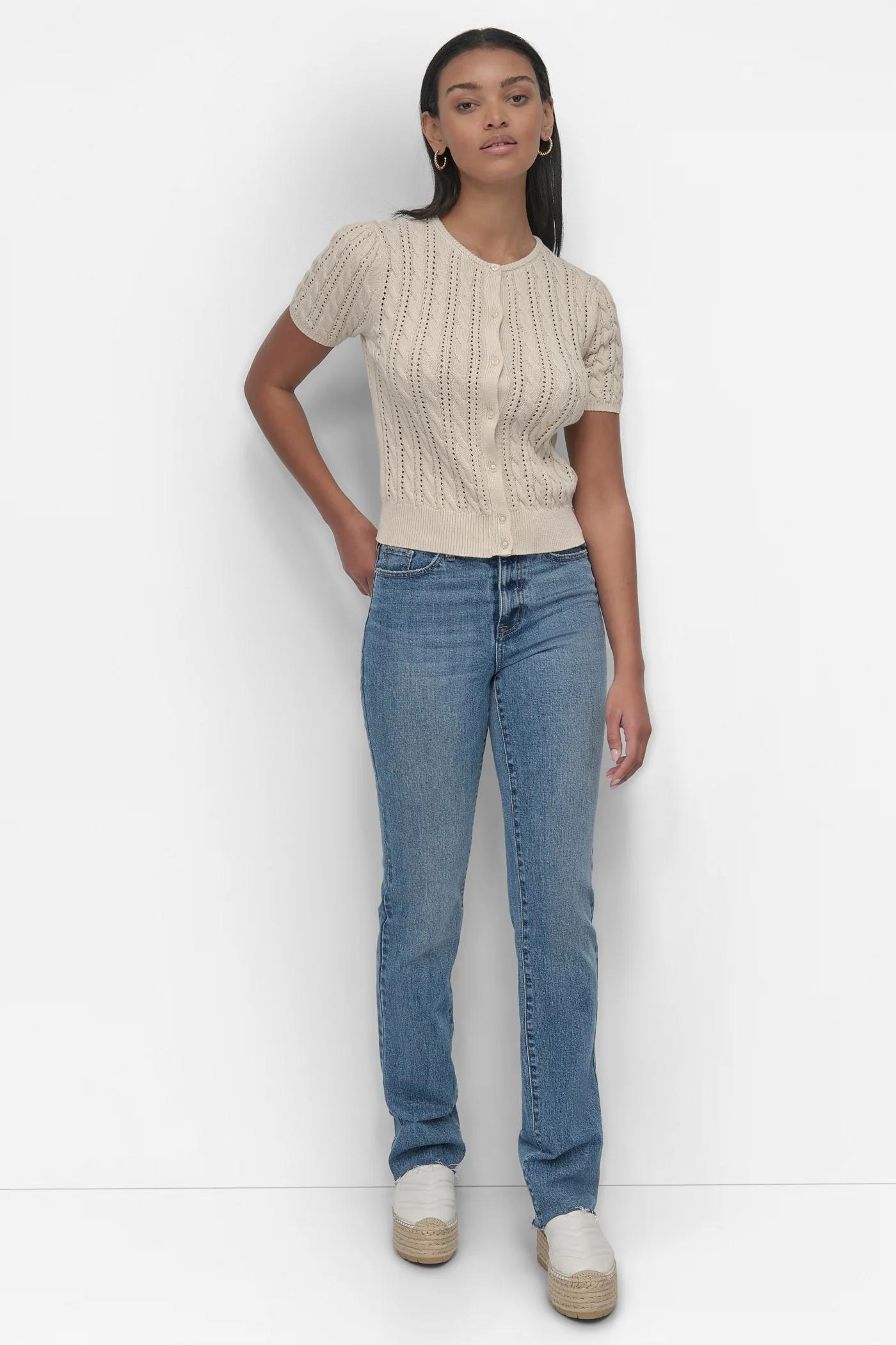 PUFF SLEEVE POINTELLE STITCH CREW NECK Product Image