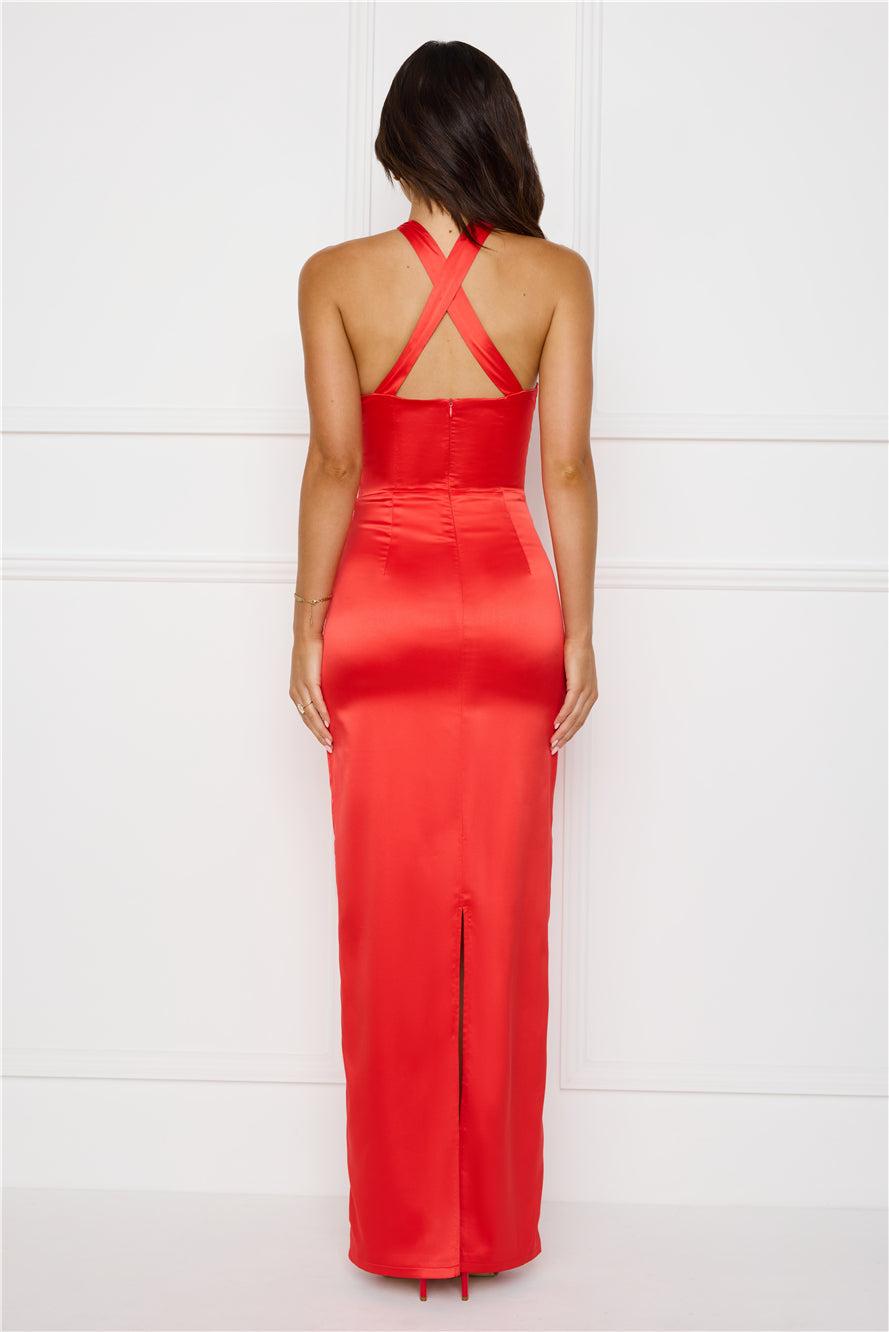 Diamond Elegance Satin Maxi Dress Red Product Image