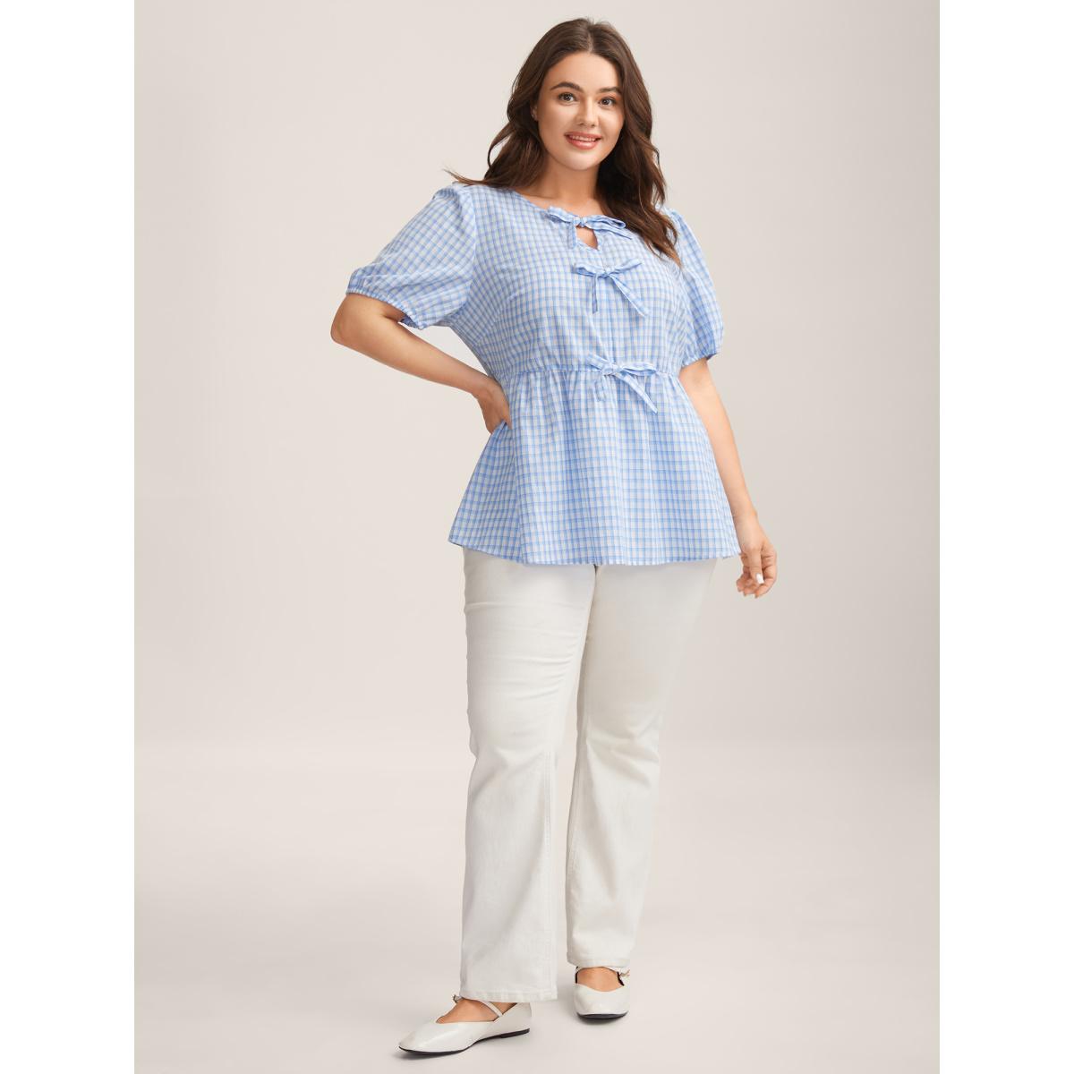 Plus Size LightBlue Bow Front Plaid Print Babydoll Top Women Leisure Short sleeve Notched collar Casual Blouses BloomChic 30/6X Product Image