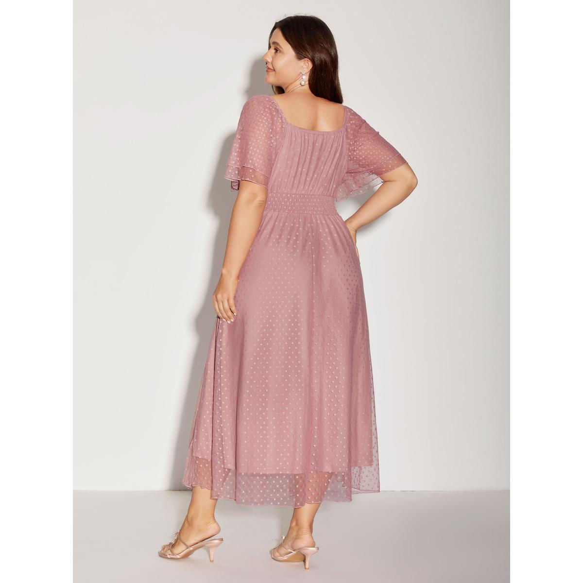 Plus Size Textured Dot Lace Trim Midi Dress Watermelon Women Formal Square Neck Short sleeve Curvy BloomChic 12/L Product Image