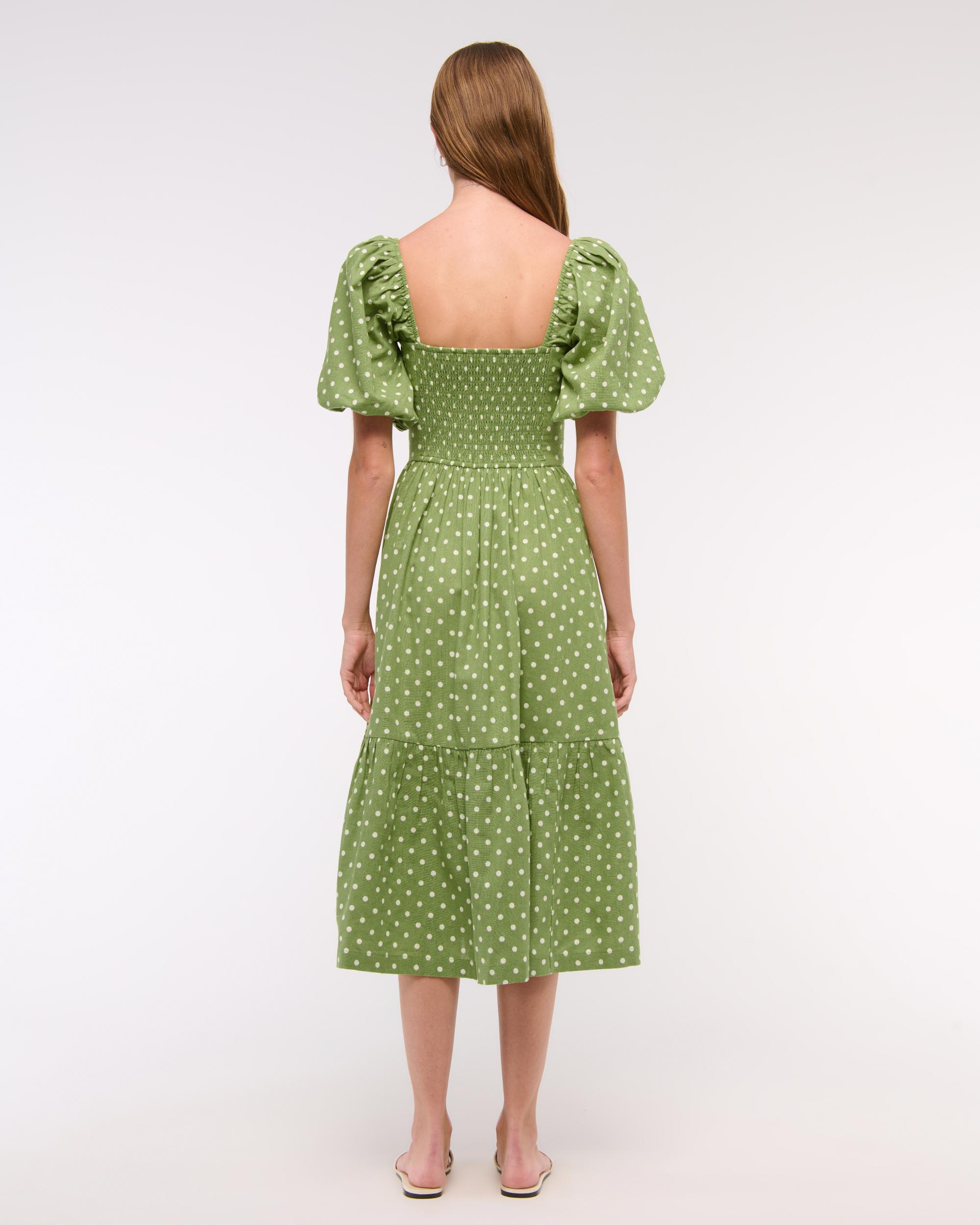 The A&F Emerson Linen-Blend Puff Sleeve Midi Dress Product Image