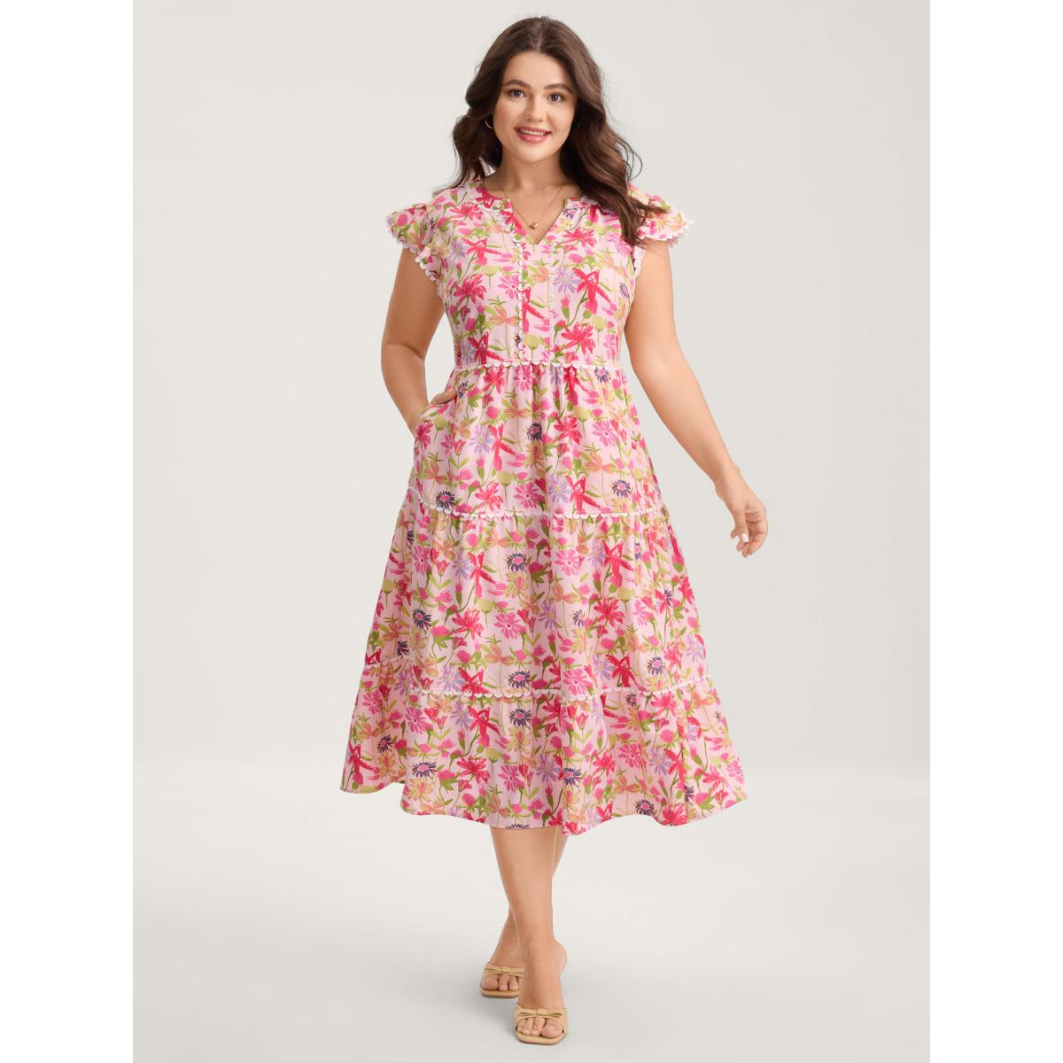 Plus Size Floral Color Block Lace Trim Midi Dress Blush Women Playful Woven ribbon&lace trim Notched collar Cap Sleeve Curvy BloomChic 10/M Product Image