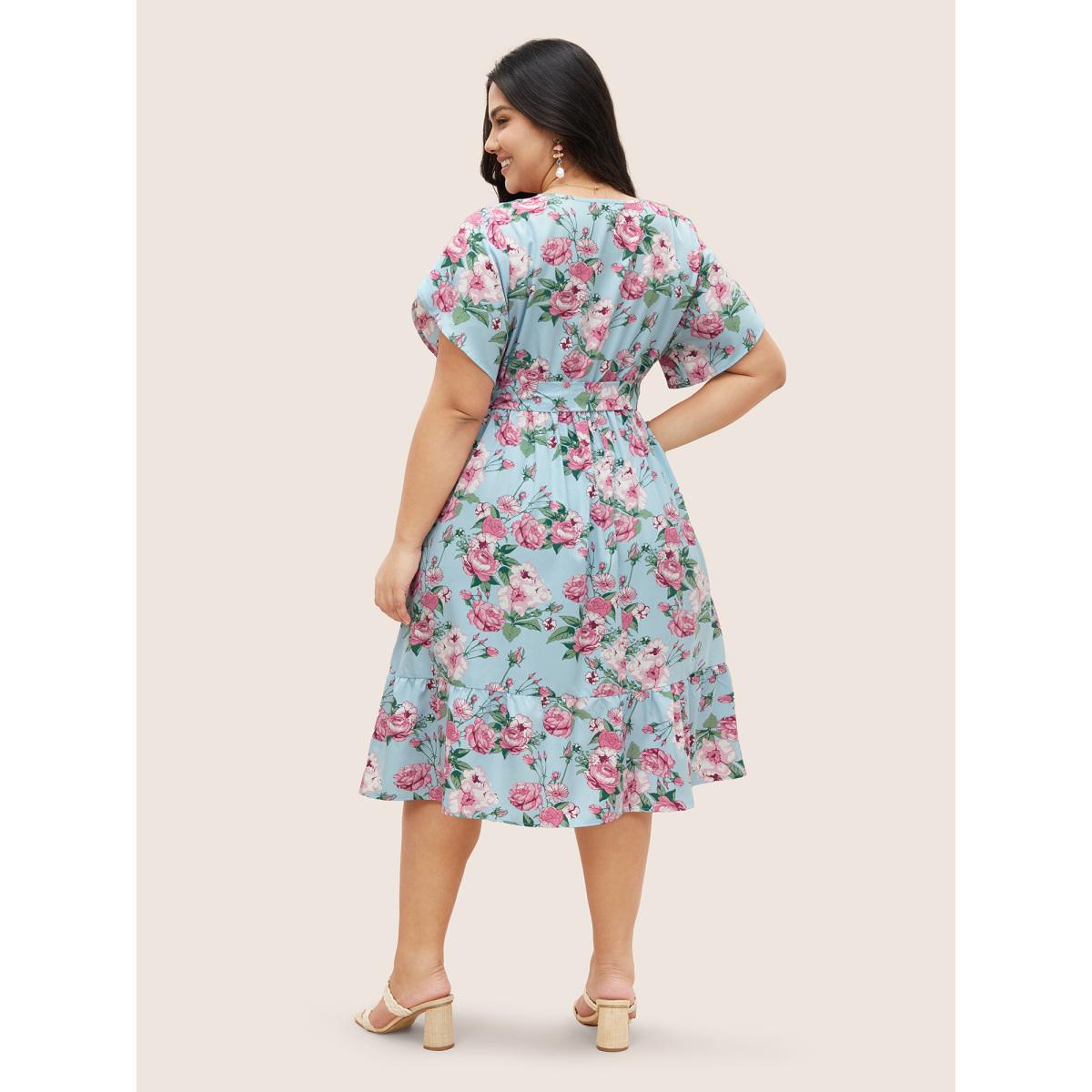 Plus Size Floral Button Detail Gathered Petal Sleeve Dress LightBlue Women Elegant Gathered V-neck Short sleeve Curvy BloomChic 26/4X Product Image