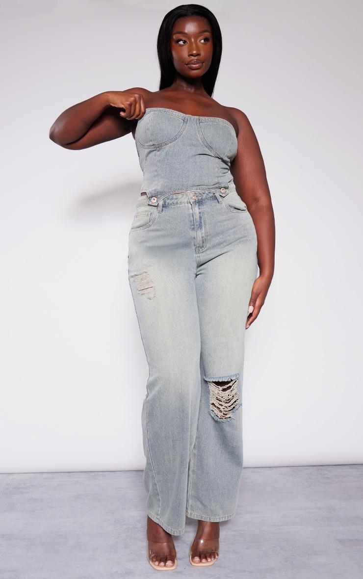 Plus Vintage Wash Detachable Bandeau Denim Jumpsuit Product Image