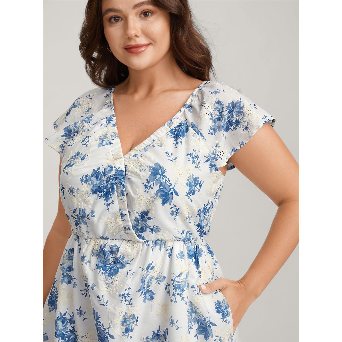 Plus Size Embroidered Floral Flutter Sleeve Midi Dress LightBlue Women V-neck Cap Sleeve Curvy BloomChic 30/6X Product Image