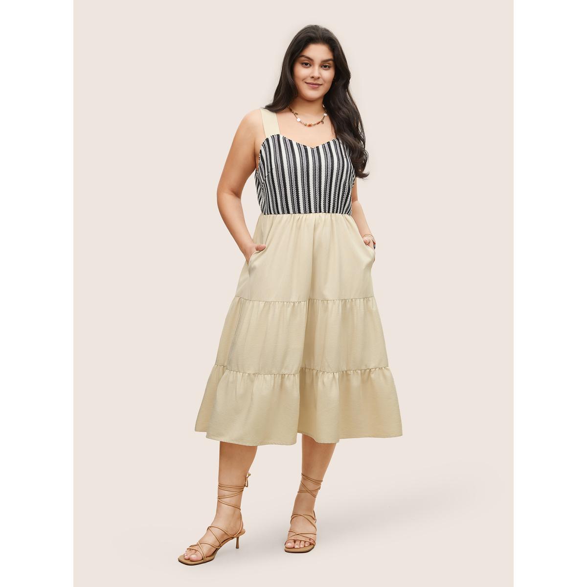 Plus Size Striped Patchwork Ruffle Layered Hem Dress Apricot Women Resort Non V-neck Sleeveless Curvy Midi Dress BloomChic 10/M Product Image