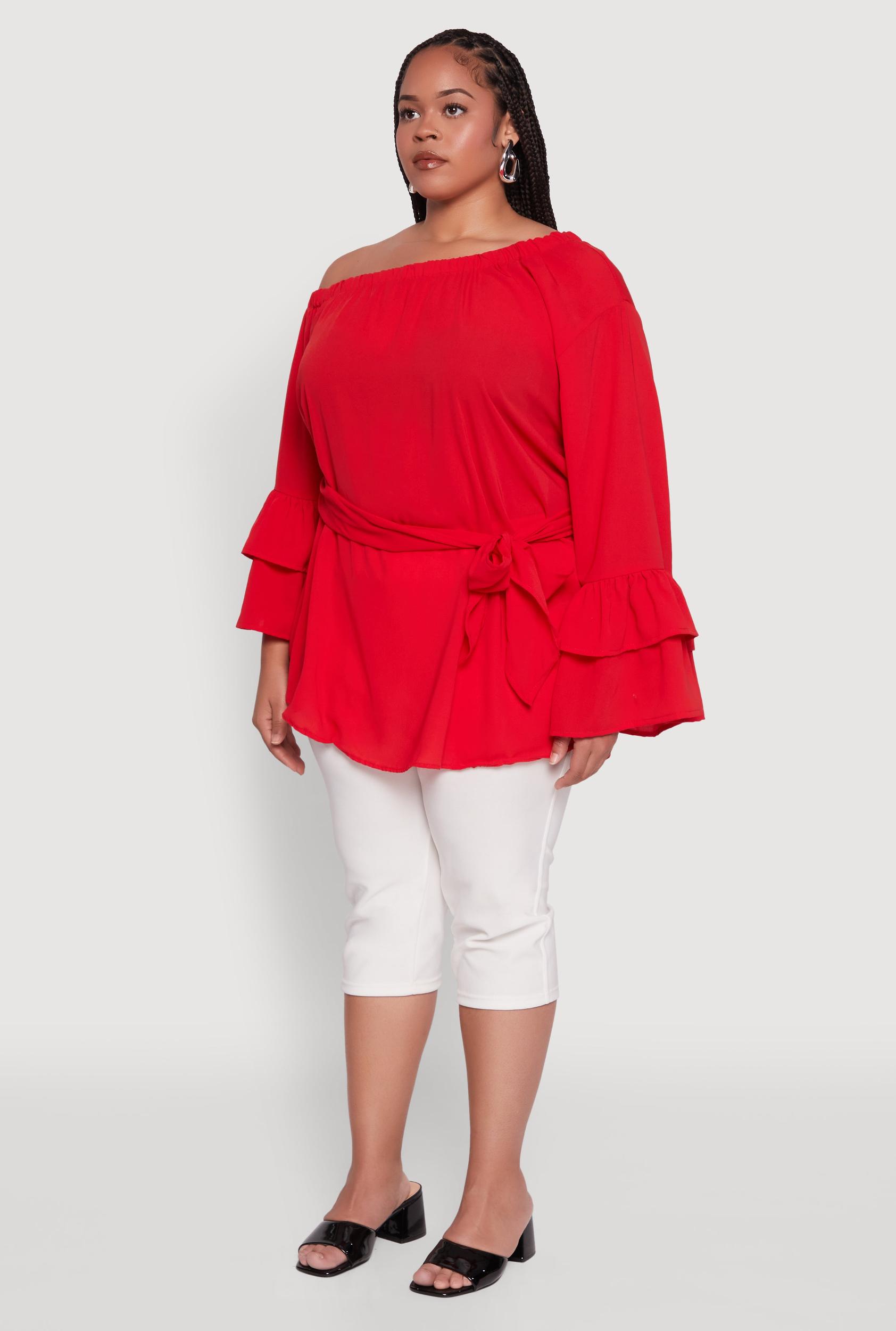 Plus Size Stylish One Shoulder Bell Sleeve Blouse with Ruffles Female Product Image
