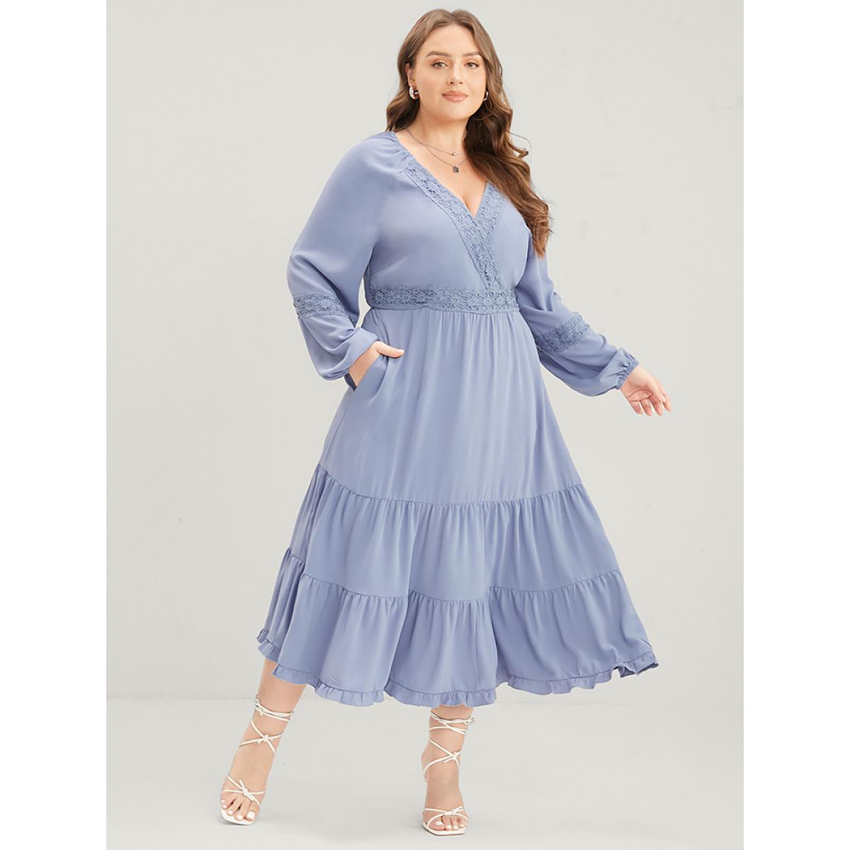 Plus Size Plain Wrap Pocket Lantern Sleeve Contrast Lace Ruffle Tiered Dress Stone Women Elegant Patchwork V-neck Long Sleeve Curvy Midi Dress BloomChic 14-16/1X Product Image
