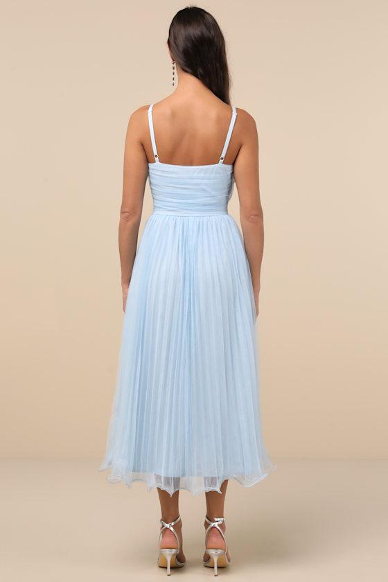Exemplary Aura Light Blue Tulle Surplice Midi Dress Product Image