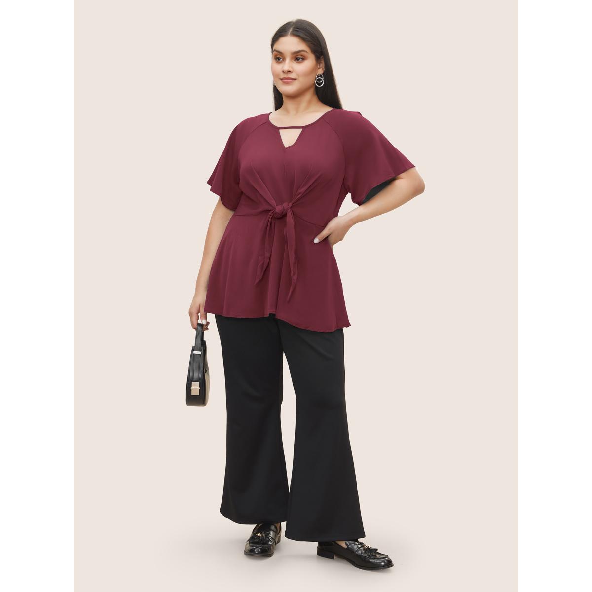 Plus Size Scarlet Plain Keyhole Knotted Front Ruffle Sleeve Blouse Women Work From Home Short sleeve Round Neck Work Blouses BloomChic 30/6X Product Image