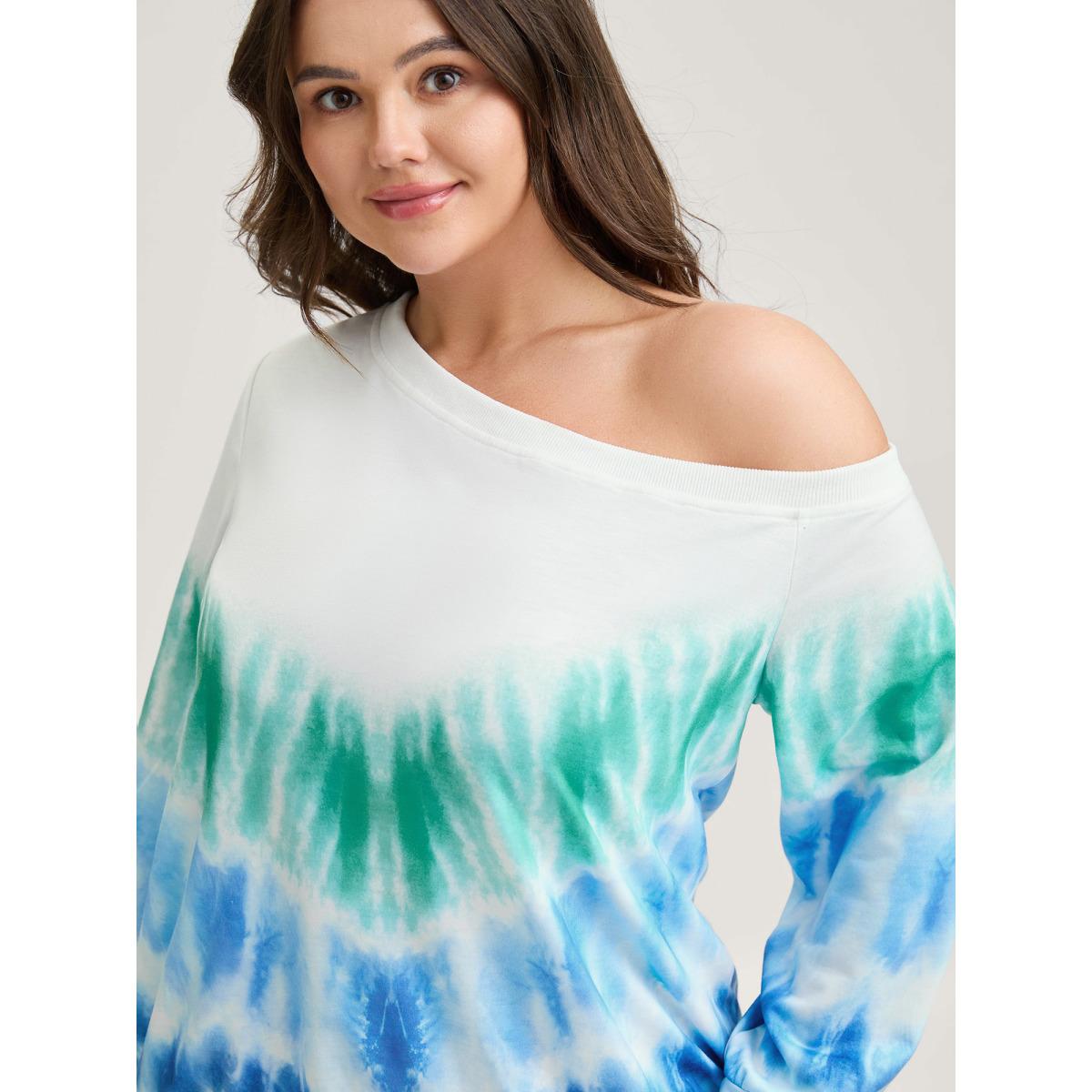 Plus Size Tie-Dye One-Shoulder Sweatshirt Women Mediumblue Leisure Asymmetrical Neck Casual Sweatshirts BloomChic 26/4X Product Image