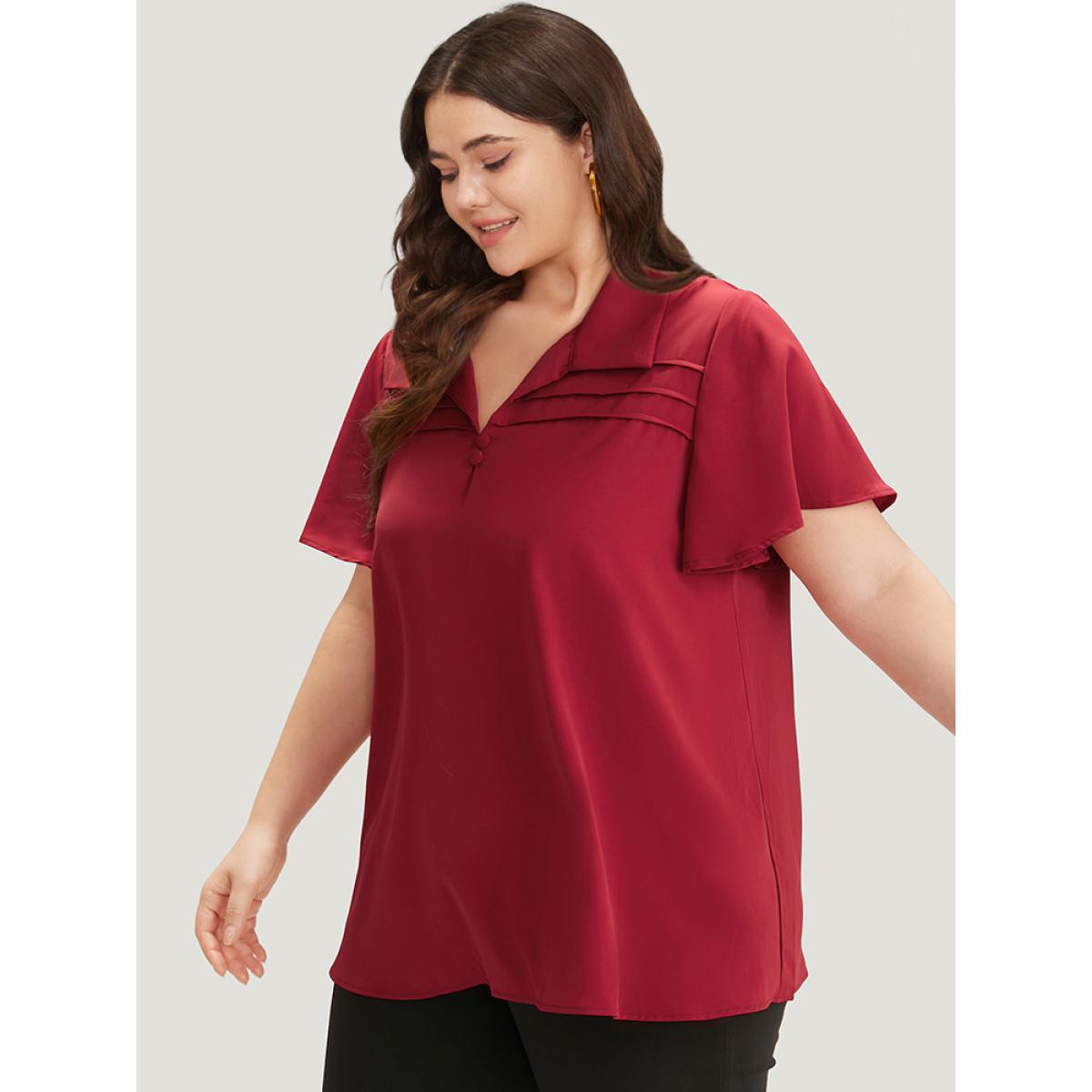 Plus Size Scarlet Plain Shirt Collar Button Detail Pleated Blouse Women Office Short sleeve Shirt collar Office Blouses BloomChic 14-16/1X Product Image