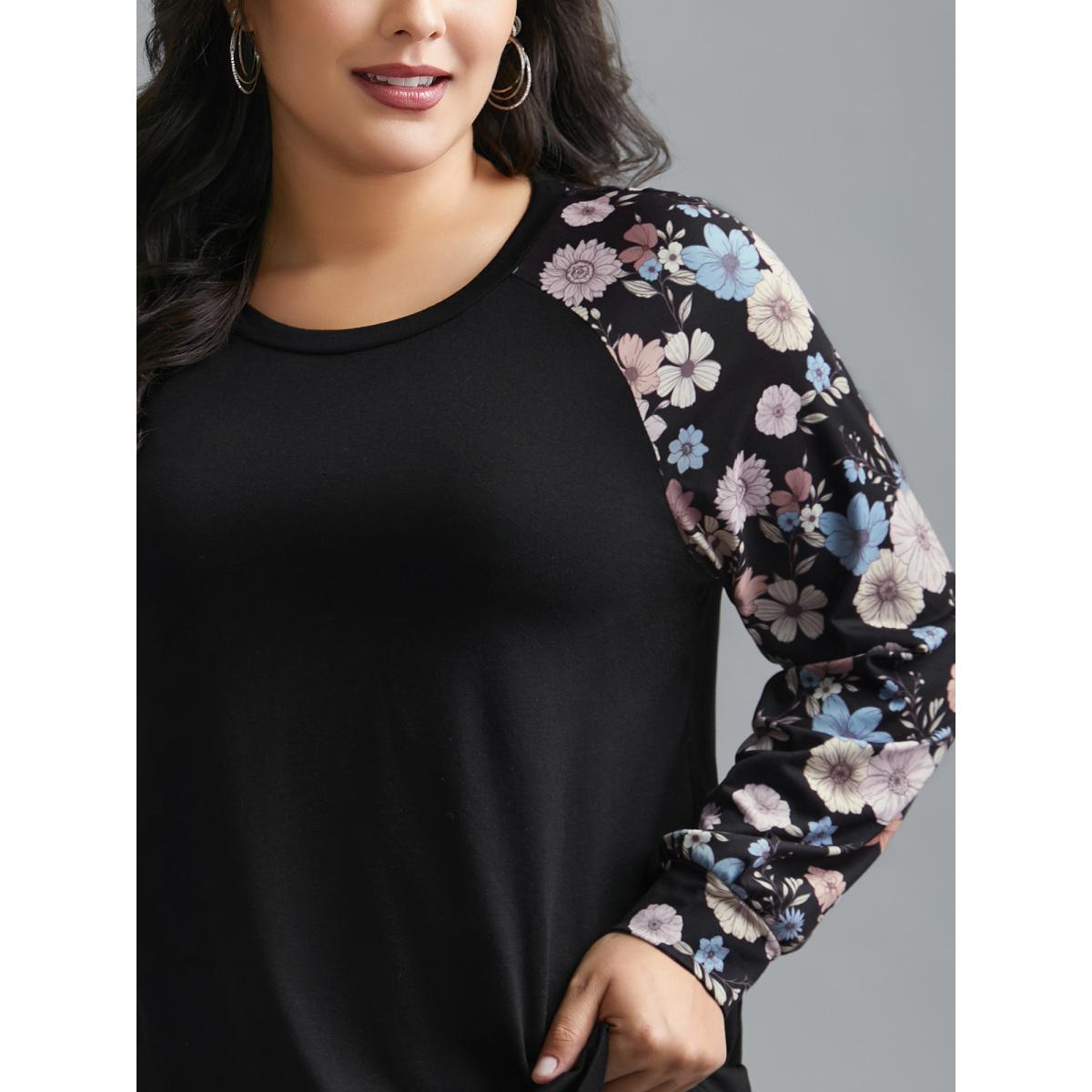 Plus Size Floral Raglan Sleeve Contrast Fabric T-Shirt Black Women Casual Contrast Natural Flowers Round Neck Everyday T-shirts BloomChic 28/5X Product Image