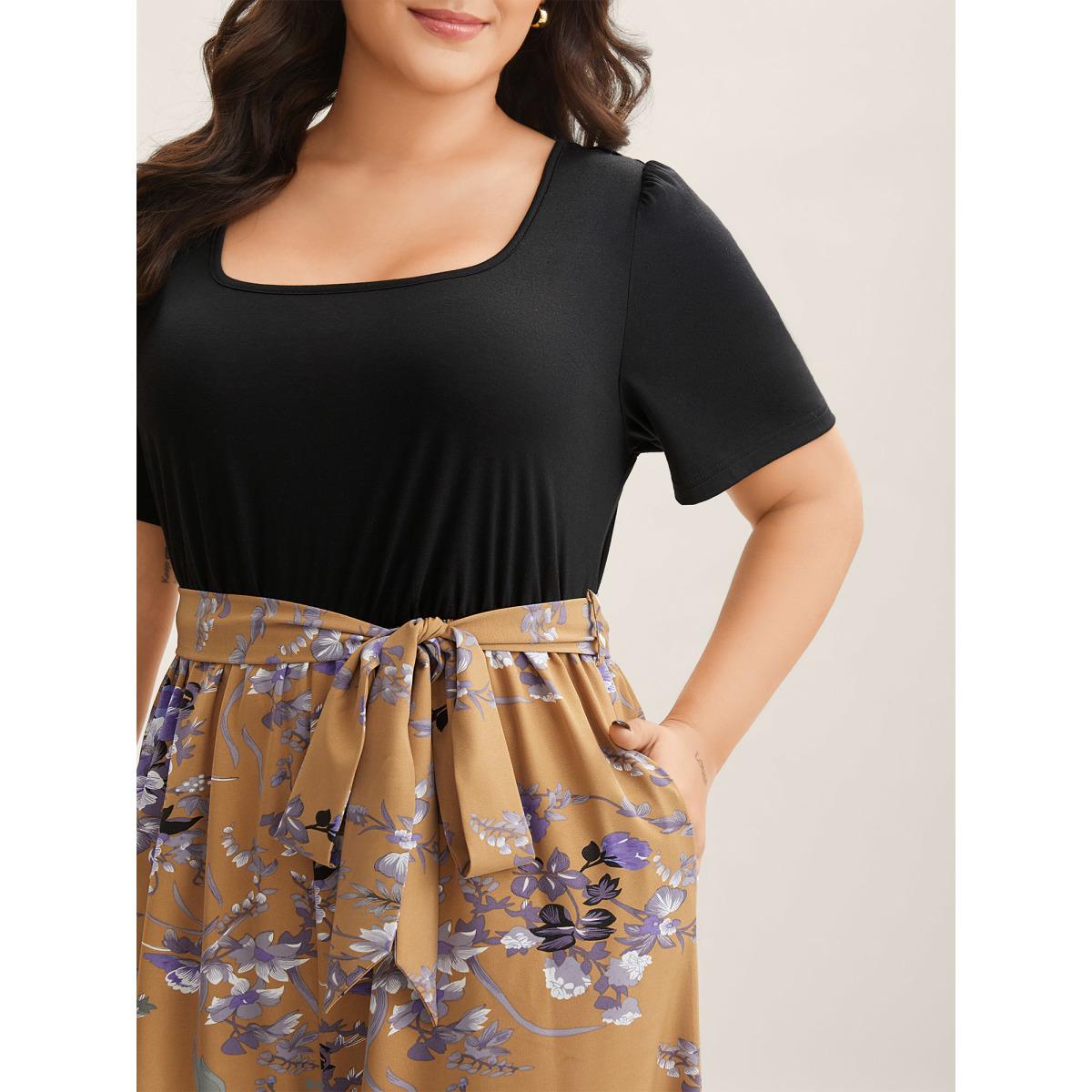 Plus Size Lightorange Color Contrast Belted Panel Pockets Jumpsuit Women Timeless Short sleeve Square Neck Elegant Loose Jumpsuits BloomChic 26/4X Product Image